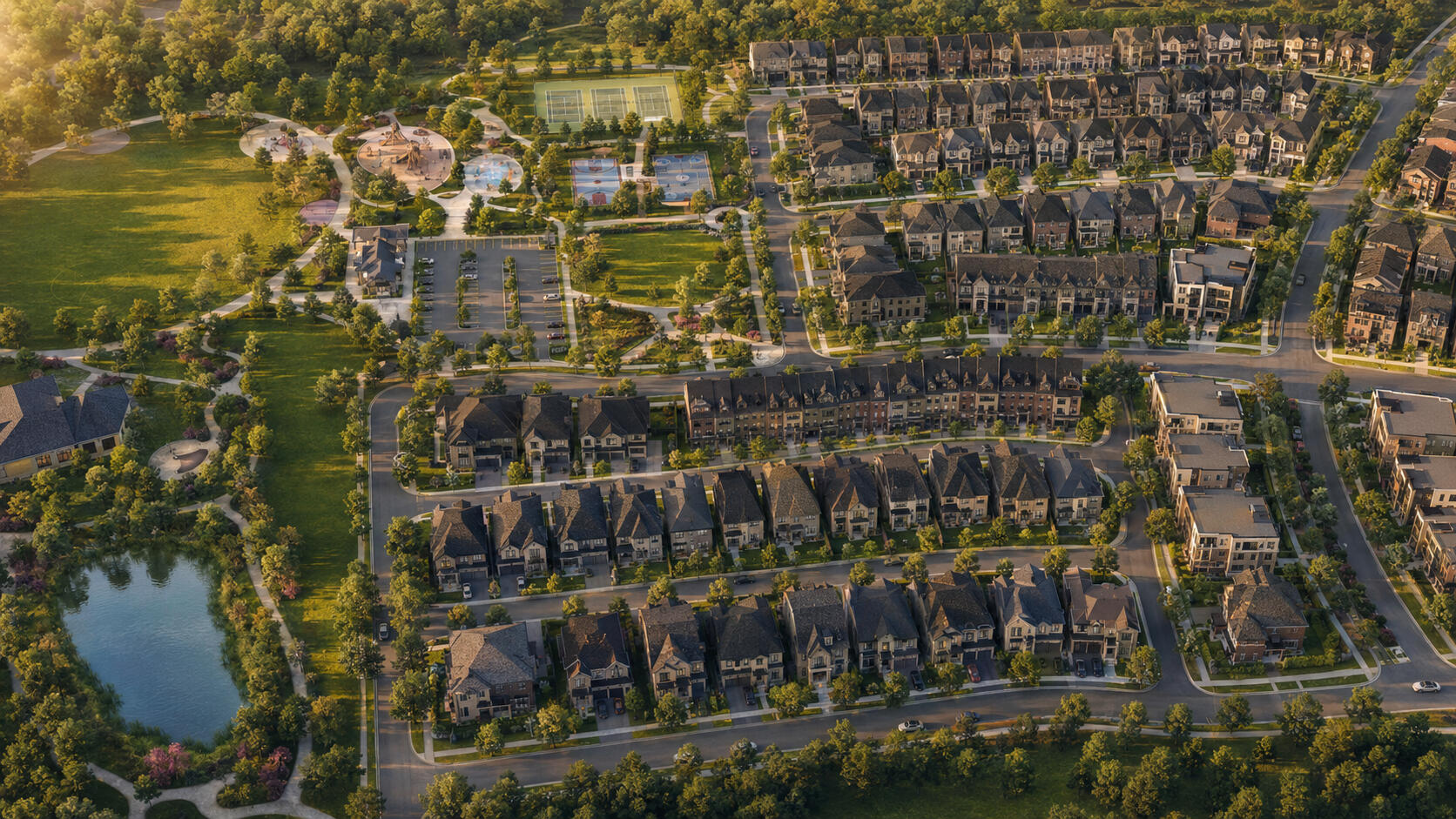 Aerial rendering of Thornhill Trails in Vaughan by Remington surrounded by mature trees, pond views and green space Aerial rendering of Thornhill Trails in Vaughan by Remington surrounded by mature trees, pond views and green space