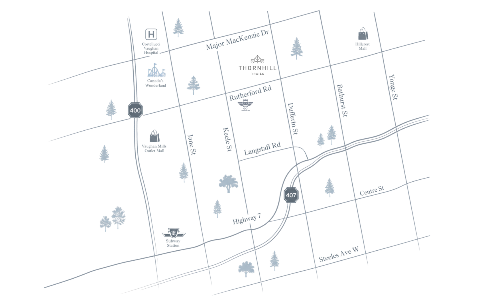 Thornhill Trails Location Map in Vaughan Map showing the location of Thornhill Trails by Remington Homes near Dufferin Street and Rutherford Road in Vaughan, Ontario.